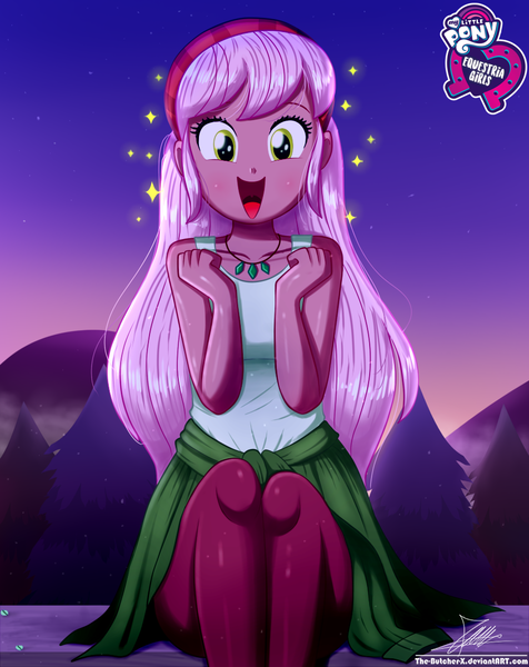 Size: 920x1160 | Tagged: safe, artist:the-butch-x, derpibooru import, raspberry lilac, equestria girls, equestria girls series, let it rain, spoiler:eqg series (season 2), bandana, butch's hello, clothes, cute, equestria girls logo, female, happy, hello x, jewelry, necklace, open mouth, outdoors, signature, sitting, sleeveless, smiling, solo, tanktop