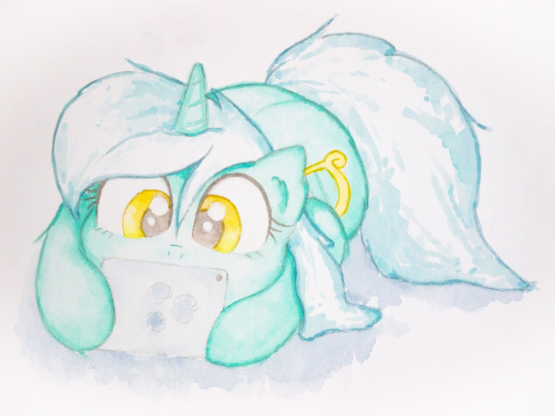 Size: 4032x3024 | Tagged: safe, artist:papersurgery, derpibooru import, lyra heartstrings, pony, unicorn, cute, female, looking down, lyrabetes, mare, sitting, solo, traditional art, watercolor painting