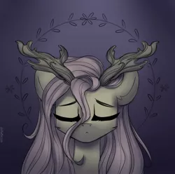 Size: 1501x1489 | Tagged: safe, artist:reterica, derpibooru import, fluttershy, pony, antlers, branches for antlers, bust, eyes closed, female, full face view, mare, portrait, solo, stray strand
