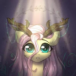 Size: 1501x1489 | Tagged: safe, artist:reterica, derpibooru import, fluttershy, pony, antlers, branches for antlers, bust, crepuscular rays, female, full face view, light, looking at you, mare, portrait, solo, stray strand