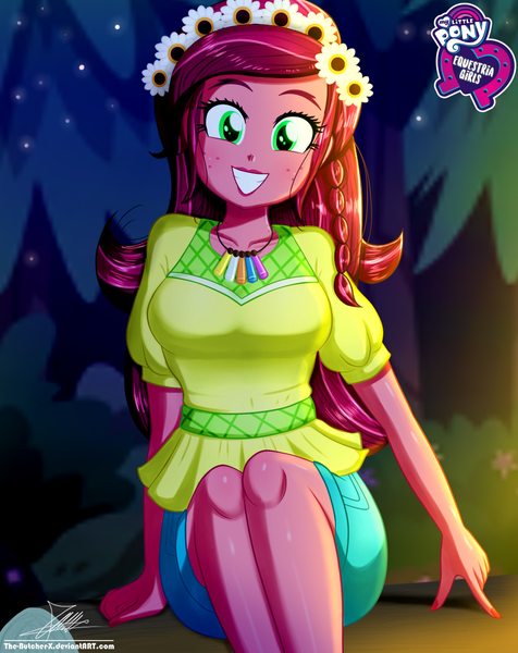 Size: 920x1160 | Tagged: safe, artist:the-butch-x, derpibooru import, gloriosa daisy, equestria girls, legend of everfree, beautiful, butch's hello, equestria girls logo, female, floral head wreath, flower, flower in hair, freckles, hello x, legs, looking at you, nail polish, outdoors, signature, sitting, smiling, solo