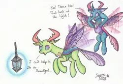 Size: 2437x1666 | Tagged: a bug's life, artist:serenepony, behaving like a moth, brothers, bugs doing bug things, bug zapper, changedling, changedling brothers, changeling, colored pencil drawing, derpibooru import, dialogue, flying, king thorax, male, pharynx, pixar, prince pharynx, reference, safe, siblings, simple background, this will end in pain, thorax, traditional art