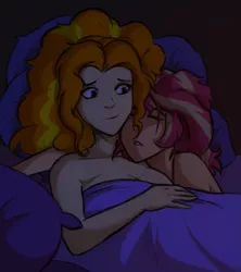 Size: 1391x1569 | Tagged: suggestive, artist:shimazun, derpibooru import, adagio dazzle, sunset shimmer, equestria girls, aftersex, bed, breasts, female, lesbian, shipping, sleeping, sunsagio