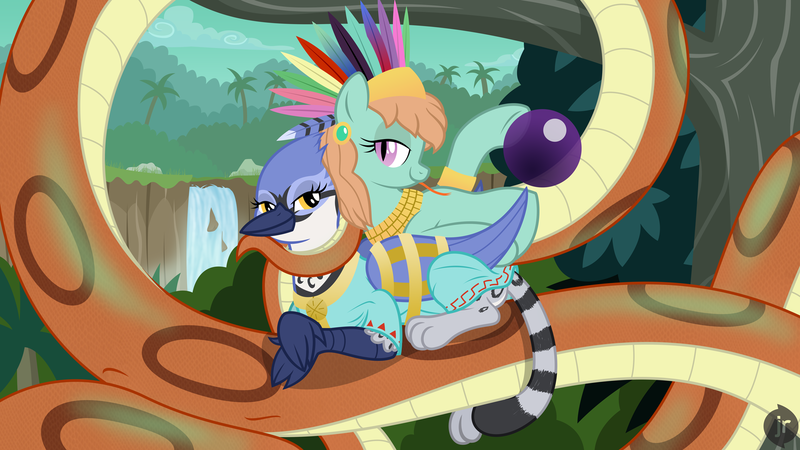 Size: 1920x1080 | Tagged: safe, artist:niggerfaggot, derpibooru import, oc, oc:chieftess muyal, oc:gaela, unofficial characters only, gryphon, lamia, original species, snake, snake pony, bound wings, clothes, dress, female, headdress, iridescence, jewelry, jungle, lounging, show accurate, waterfall, wings