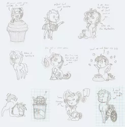 Size: 1524x1550 | Tagged: safe, artist:ravenpuff, deleted from derpibooru, derpibooru import, oc, oc:ace pony, oc:adamant, oc:alta, oc:blackjack, oc:buranku, oc:dazed timid, oc:knight smile, oc:sweet cream, oc:wheeler, oc:white light, unofficial characters only, bat pony, bird, chicken, earth pony, pony, unicorn, fallout equestria, fallout equestria: project horizons, :d, alcohol, amputee, armor, bat bucket, bat pony oc, bat wings, bedroom eyes, beer, beer bottle, behaving like a dog, chest fluff, chibi, cleaver, coin, collar, cupcake, dialogue, earth pony oc, eyelashes, eyes closed, face down ass up, fanfic art, female, food, glasses, glowing horn, graph paper, horn, horseshoes, kfc, lineart, magic, male, mare, meat, micro, money, night guard, open mouth, ponies eating meat, prosthetic limb, prosthetics, raised hoof, sack, shut up and take my money, sitting, smiling, stallion, telekinesis, traditional art, unicorn oc, unshorn fetlocks, wheelchair, wings