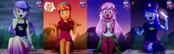 Size: 3248x1024 | Tagged: safe, artist:the-butch-x, derpibooru import, edit, editor:thomasfan45, orange sunrise, raspberry lilac, snow flower, space camp (character), human, equestria girls, equestria girls series, let it rain, sunset's backstage pass!, spoiler:eqg series (season 2), adorasexy, beanie, bench, blouse, breasts, busty snow flower, butch's hello, clothes, cute, description is relevant, dress, equestria girls logo, female, forest, glowstick, hands on face, happy, hat, hello x, jewelry, kneesocks, legs, looking at you, necklace, night, open mouth, outdoors, rain, sexy, shirt, shorts, shrugging, signature, sitting, skirt, smiling, socks, starswirl music festival, sunset, t-shirt, tanktop, tree, waving, wristband
