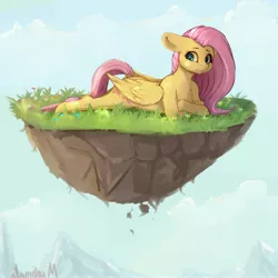 Size: 4000x4000 | Tagged: artist:miokomata, chest fluff, cloud, crossed hooves, derpibooru import, dirt cube, dock, female, floating island, floppy ears, fluttershy, folded wings, freckles, freckleshy, grass, human shoulders, looking back, looking sideways, mare, mountain, pegasus, prone, safe, semi-anthro, signature, solo, wings