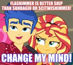 Size: 1080x960 | Tagged: safe, derpibooru import, edit, edited screencap, screencap, flash sentry, sunset shimmer, cheer you on, equestria girls, equestria girls series, spoiler:eqg series (season 2), caption, cropped, female, flashimmer, image macro, implied lesbian, implied scitwishimmer, implied shipping, implied sunsagio, male, shipping, straight, text