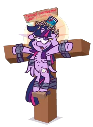 Size: 1100x1500 | Tagged: semi-grimdark, suggestive, artist:threetwotwo32232, derpibooru import, twilight sparkle, twilight sparkle (alicorn), alicorn, pony, armpits, bondage, bound wings, broken horn, crucifixion, cum, cum jar, cutiemarking, duct tape, female, floppy ears, food, horn, jar, jesus fish, lewd container meme, mare, parody, pasta, simple background, solo, spaghetti, spider-man, tape, tape bondage, transparent background, wings