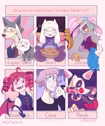 Size: 3000x3582 | Tagged: safe, artist:waackery, derpibooru import, discord, anthro, draconequus, goat, rabbit, wolf, six fanarts, animal, animatronic, bat wings, beastars, clothes, crona, crossover, female, five nights at freddy's, food, haru (beastars), heterochromia, kasane teto, legosi (beastars), male, mangle, mittens, pie, toriel, undertale, wings