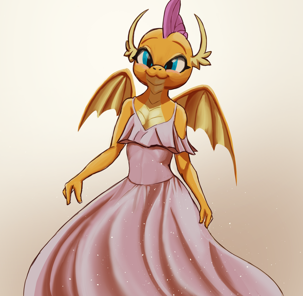 Size: 2454x2400 | Tagged: :3, artist:ahobobo, bridesmaid, bridesmaid dress, clothes, cute, derpibooru import, dragon, dragoness, dress, female, safe, smiling, smolder, smolderbetes, solo