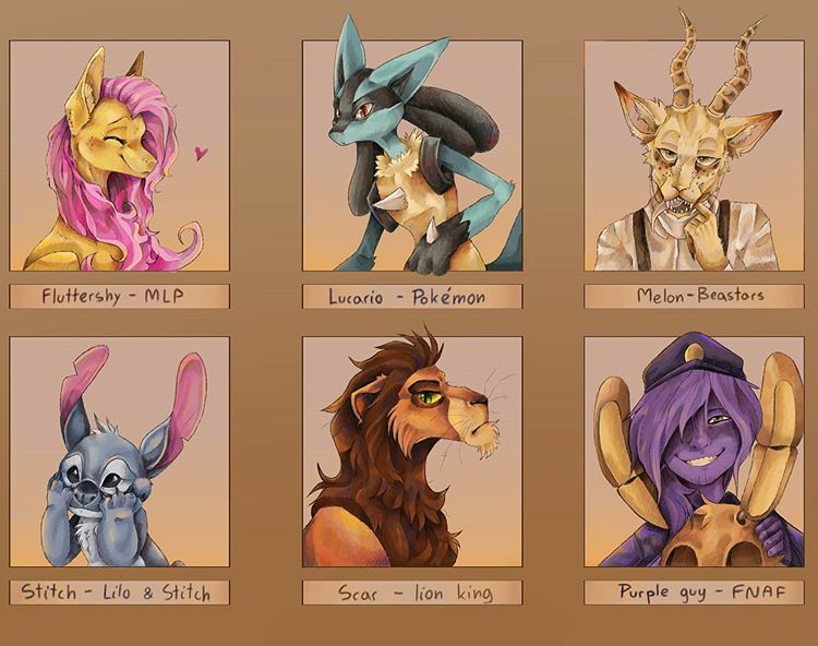 Size: 750x592 | Tagged: safe, alternate version, artist:paranoyfox, derpibooru import, fluttershy, anthro, human, lucario, pegasus, pony, six fanarts, anthro with ponies, beastars, bust, clothes, colored, costume, crossover, female, five nights at freddy's, hat, lilo and stitch, male, mare, mask, melon (beastars), pokémon, purple guy, scar (the lion king), smiling, the lion king