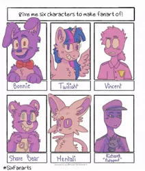 Size: 796x940 | Tagged: safe, artist:blushygoat, derpibooru import, twilight sparkle, twilight sparkle (alicorn), alicorn, anthro, espeon, human, pony, six fanarts, animatronic, anthro with ponies, bonnie, bowtie, care bears, chest fluff, clothes, crossover, female, five nights at freddy's, grin, male, mare, pokémon, security guard, share bear, smiling