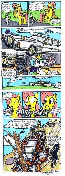 Size: 900x2427 | Tagged: semi-grimdark, artist:sketchywolf-13, derpibooru import, princess celestia, oc, oc:sketchy, alicorn, earth pony, pegasus, pony, rabbit, abuse, animal, cake, car, celestiabuse, censored vulgarity, clothes, comic, female, fire, food, imminent death, levitation, limousine, lincoln (car), lincoln continental, magic, male, mare, scared, shocked, stallion, telekinesis, wide eyes