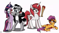 Size: 1024x583 | Tagged: grimdark, artist:daniel-sg, derpibooru import, scootaloo, twilight sparkle, twilight sparkle (alicorn), oc, oc:sketchy, alicorn, earth pony, pegasus, pony, unicorn, abuse, baseball bat, black eye, blood, bone, clothes, crying, female, filly, male, mare, scootabuse, stallion, twilybuse