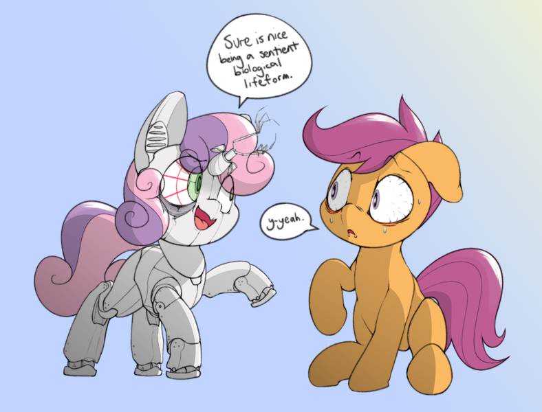 Size: 2100x1600 | Tagged: safe, artist:lyrabop, derpibooru import, scootaloo, sweetie belle, pegasus, pony, robot, robot pony, unicorn, cute, cutealoo, dialogue, diasweetes, duo, female, filly, floppy ears, gradient background, looking at each other, open mouth, speech bubble, sweat, sweetie bot, weirded out