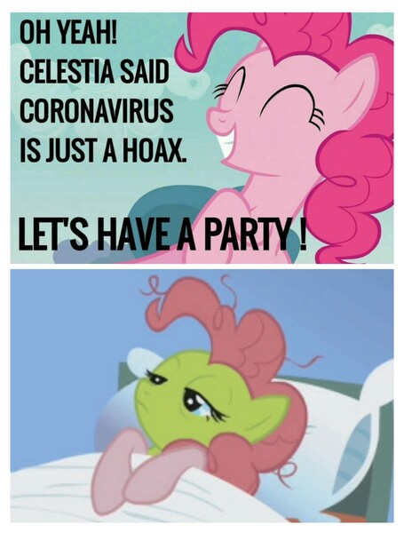 Size: 3106x4096 | Tagged: safe, derpibooru import, edit, edited screencap, screencap, pinkie pie, applebuck season, bad end, blatant lies, coronavirus, coronavirus party, covid-19, covidiots, drama, drama bait, implied princess celestia, meme, sad, sick, solo, this will end in tears, too dumb to live, why