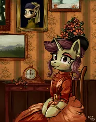 Size: 2225x2805 | Tagged: safe, artist:amy-gamy, derpibooru import, oc, oc:lavrushka, unofficial characters only, pony, unicorn, bust, chair, clothes, dress, female, flower hat, hat, indoors, looking at you, mare, painting, portrait, sitting, solo, three quarter view, victorian