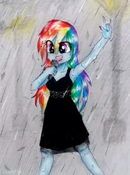 Size: 2185x2914 | Tagged: safe, artist:liaaqila, derpibooru import, rainbow dash, equestria girls, armpits, black dress, clothes, commission, commissioner:ajnrules, dress, little black dress, microphone, rain, rainbow dash always dresses in style, singing, sleeveless, smiling, solo, wet, wet clothes, wet dress