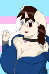 Size: 4000x6000 | Tagged: suggestive, artist:acrylicbristle, derpibooru import, oc, oc:acrylic bristle, anthro, pony, unicorn, anthro oc, big breasts, breasts, cleavage, clothes, collar, curvy, dickgirl, female, females only, futa, hoodie, intersex, lipstick, long hair, looking at you, male to female, pride, pride flag, rule 63, selfie, simple background, solo, thick, transgender, transgender pride flag