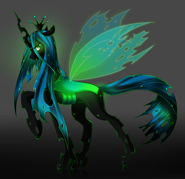 Size: 900x873 | Tagged: artist:missaka, artist:ocean-blue12, black background, changeling, changeling queen, crown, derpibooru import, female, glow, jewelry, looking at you, pixiv, profile, queen chrysalis, raised hoof, regalia, safe, simple background, solo, spread wings, wings