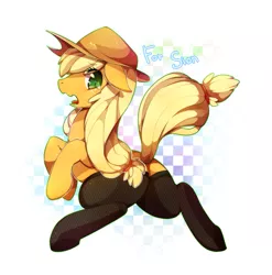 Size: 875x885 | Tagged: safe, artist:missaka, derpibooru import, applejack, earth pony, pony, abstract background, blushing, clothes, cute, female, floppy ears, jackabetes, mare, open mouth, pixiv, profile, socks, solo, teary eyes