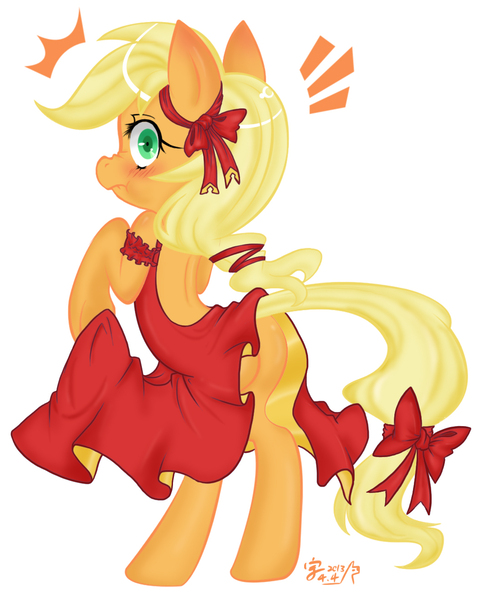 Size: 1063x1318 | Tagged: safe, artist:xenosaga428, derpibooru import, applejack, earth pony, pony, applejack also dresses in style, bipedal, blushing, bow, butt, clothes, cute, dress, female, jackabetes, looking at you, mare, nose wrinkle, pixiv, plot, profile, scrunchy face, simple background, solo, tail bow, white background