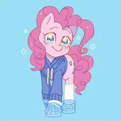 Size: 2048x2048 | Tagged: safe, artist:cassettepony, artist:chapaghettii, derpibooru import, pinkie pie, earth pony, pony, blue background, clothes, crocs, cute, diapinkes, female, high res, hoodie, looking at you, mare, no pupils, simple background, socks, solo, stars