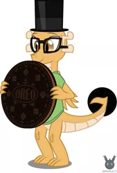 Size: 797x1179 | Tagged: artist:wheatley r.h., brown eyes, chocolate, clothes, cookie, derpibooru import, dragon, dragon oc, folded wings, food, giant cookie, glasses, happy, hat, holding, male, oc, oc:myoozik the dragon, oreo, raised tail, safe, shirt, simple background, solo, standing, tail, top hat, vector, watermark, white background, wings