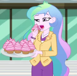 Size: 1062x1052 | Tagged: safe, derpibooru import, screencap, princess celestia, equestria girls, equestria girls series, holidays unwrapped, spoiler:eqg series (season 2), blazer, cake, cakelestia, canterlot high, cropped, cupcake, eating, female, food, frosting, imagine spot, majestic as fuck, open mouth, pistachio cream cupcake, plate, principal celestia, solo, this will end in weight gain, winter break-in