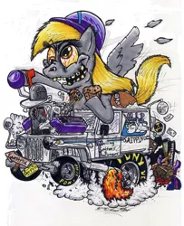 Size: 900x1108 | Tagged: semi-grimdark, artist:sketchywolf-13, derpibooru import, derpy hooves, twilight sparkle, pegasus, pony, blood, box, car, dead, feather, female, fire, food, jeep, letter, mail, mailbox, mailmare, mare, muffin, rat fink, smoke