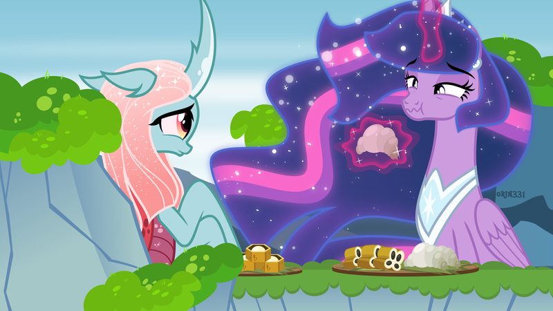 Size: 4000x2250 | Tagged: alicorn, alternate design, artist:orin331, changedling, changeling, changeling food, changeling queen, derpibooru import, ethereal mane, female, food, jewelry, ocellus, older, older ocellus, peytral, princess twilight 2.0, queen ocellus, regalia, safe, scrunchy face, starry mane, the last problem, this will not end well, twilight sparkle, twilight sparkle (alicorn), ultimate twilight, wavy mouth