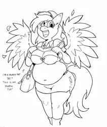 Size: 3463x4096 | Tagged: aderpose, anthro, artist:duragan, belly, belly button, bra, breasts, cap, chubby, clothes, derpibooru import, derpy hooves, fat, female, hat, large belly, lineart, mailbag, muffin top, pegasus, plump, presenting, shirt, shirt lift, skirt, socks, solo, solo female, suggestive, tight clothing, torn clothes, underwear