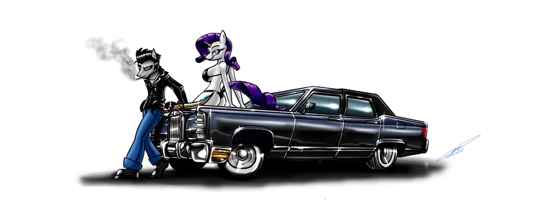 Size: 5000x1875 | Tagged: absurd resolution, anthro, artist:metalfoxxx, bikini, bra, breasts, butt, car, cigarette, clothes, derpibooru import, female, gift art, jacket, jeans, leaning, leather jacket, lincoln (car), lincoln continental, male, mare, oc, oc:sketchy, pants, plantigrade anthro, rarity, rearity, signature, simple background, smiling, smoking, stallion, suggestive, swimsuit, thong swimsuit, underwear, white background