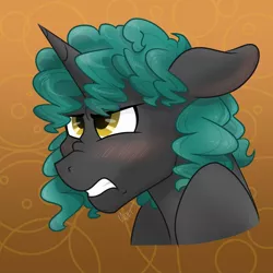 Size: 1280x1280 | Tagged: safe, artist:cadetredshirt, derpibooru import, oc, oc:whirlytail, unofficial characters only, pony, unicorn, alternate hairstyle, blushing, blushing ears, blushing profusely, bust, curly hair, curly mane, digital art, ear blush, flustered, furrowed brow, gradient background, gray coat, gritted teeth, head, highlights, horn, hunched over, icon, male, nose wrinkle, orange background, scrunchy face, shading, simple background, solo, stallion, teal mane, tsundere, yellow eyes