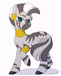 Size: 800x1000 | Tagged: safe, artist:helemaranth, derpibooru import, zecora, zebra, bracelet, cute, ear piercing, earring, female, image, jewelry, jpeg, leg fluff, looking at you, neck rings, one hoof raised, piercing, raised hoof, simple background, solo, white background, zecorable