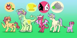 Size: 1280x640 | Tagged: safe, artist:vennyriz22, derpibooru import, oc, oc:alexandrite magnum belle, oc:anomaly anjou jack, oc:bartlett brulee belle, oc:pitaya marie harvest, oc:ruby fire phantasm, unofficial characters only, dracony, dragon, earth pony, hybrid, pony, unicorn, gradient background, interspecies offspring, magical lesbian spawn, offspring, parent:applejack, parent:rarity, parent:spike, parents:applespike, parents:rarijack, parents:sparity, siblings