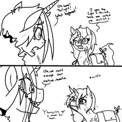 Size: 899x899 | Tagged: artist:pony quarantine, bag, black and white, black eye, cigarette, comic, derpibooru import, dialogue, duo, grayscale, hybrid, lineart, magical lesbian spawn, /mlp/'s best mom, monochrome, oc, oc:dyx, oc:dyxzala, offspring, parent:oc:dyx, parent:oc:zala, parents:oc x oc, saddle bag, safe, simple background, teary eyes, unofficial characters only, white background, zony