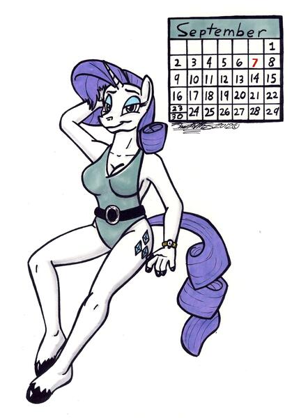 Size: 2173x3109 | Tagged: anthro, artist:sketchywolf-13, belt, breasts, busty rarity, calendar, clothes, commission, derpibooru import, female, lidded eyes, one-piece swimsuit, pinup, pose, rarity, smiling, solo, solo female, suggestive, swimsuit, traditional art, unguligrade anthro, watch, wristwatch