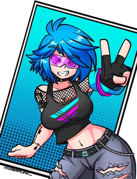 Size: 1000x1310 | Tagged: abstract background, armpits, artist:ciderpunk, belly button, breasts, cleavage, clothes, collar, cute, cyberpunk, derpibooru import, eyebrows visible through hair, female, fingerless gloves, fishnets, gloves, human, humanized, jeans, looking at you, midriff, pants, peace sign, ripped jeans, safe, solo, sunglasses, torn clothes, vinylbetes, vinyl scratch