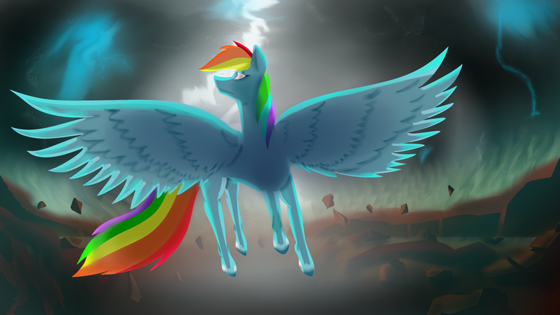 Size: 3840x2160 | Tagged: safe, artist:flaxen's art corner, derpibooru import, rainbow dash, pegasus, pony, female, flying, lightning, mare, solo, thunderstorm, wings