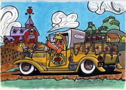 Size: 1154x824 | Tagged: applejack, artist:sketchywolf-13, crate, derpibooru import, ford, ford model t, hot rod, safe, smiling, solo, sweet apple acres, traditional art, truck, waving