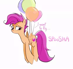 Size: 807x767 | Tagged: safe, artist:spoosha, derpibooru import, scootaloo, pegasus, pony, balloon, dialogue, english, floating, flying, older, older scootaloo, sad, scootaloo can't fly, simple background, solo, three quarter view, white background