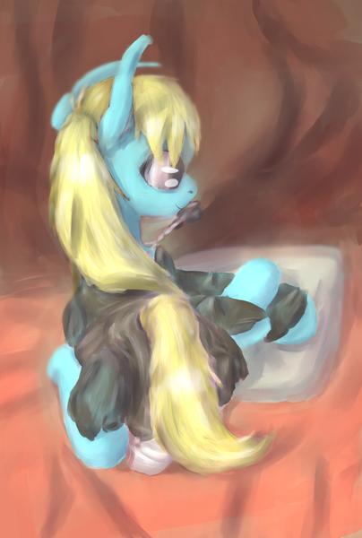 Size: 1076x1600 | Tagged: suggestive, artist::snowfrost, derpibooru import, oc, oc:cream pie, unofficial characters only, earth pony, pony, bust, clothes, diaper, diaper fetish, dress, earth pony oc, fetish, pacifier, pillow, portrait, solo