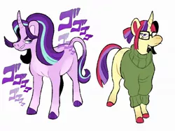 Size: 1280x960 | Tagged: safe, artist:mylittlegami, derpibooru import, moondancer, starlight glimmer, classical unicorn, pony, unicorn, alternate universe, clothes, cloven hooves, glasses, jojo's bizarre adventure, leonine tail, menacing, sweater, unshorn fetlocks, ゴ ゴ ゴ