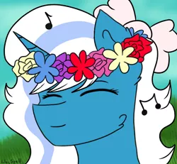 Size: 654x603 | Tagged: alicorn, alicorn oc, artist:lilacspell, bow, derpibooru import, eyes closed, female, floral head wreath, flower, flower in hair, hair bow, horn, mare, music notes, oc, oc:fleurbelle, safe, smiling, solo, unofficial characters only, wings