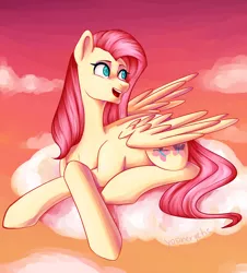 Size: 3700x4093 | Tagged: safe, artist:yoonergetic, derpibooru import, fluttershy, pegasus, pony, cloud, female, head turn, looking away, lying down, mare, on a cloud, open mouth, outdoors, prone, solo, spread wings, sunset, wings