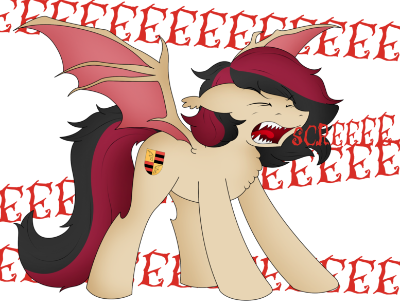 Size: 1280x989 | Tagged: safe, artist:askbananapie, derpibooru import, oc, oc:porsche speedwings, unofficial characters only, bat pony, bat noises, bat ponified, bat pony oc, bat wings, chest fluff, ear fluff, eeee, eyes closed, fangs, floppy ears, loud, open mouth, quadrupedal, race swap, screech, sharp teeth, simple background, skree, solo, spread wings, teeth, transparent background, wings, yelling