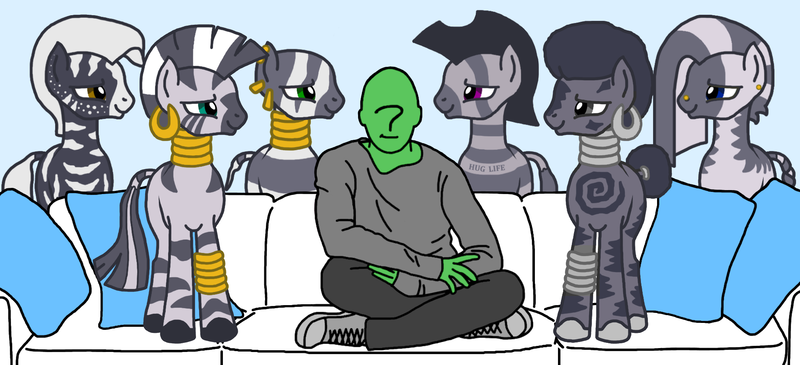 Size: 1841x841 | Tagged: artist needed, couch, derpibooru import, hug life, imminent rape, imminent sex, meme, oc, oc:anon, piper perri surrounded, safe, sitting, zebra, zecora