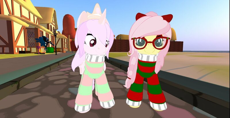 Size: 1988x1025 | Tagged: safe, alternate version, artist:melimoo2000, derpibooru import, fluttershy, oc, oc:candy floss, alicorn, bat pony, bat pony alicorn, pegasus, pony, 3d, alicorn oc, alternate hairstyle, alternate universe, bat pony oc, bat wings, big ears, big eyes, bow, clothes, crown, female, fluffy mane, folded wings, freckles, glasses, hair bow, horn, houses, jewelry, long hair, long mane, long tail, looking at you, mare, pastel, regalia, second life, standing, standing up, striped sweater, sweater, two toned mane, two toned tail, two toned wings, wings